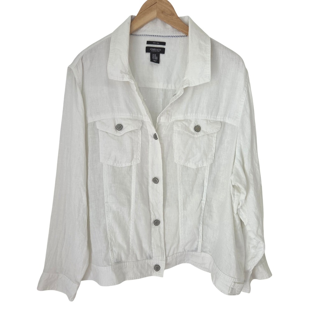 Jones & Co Jones New York White 100% Linen Trucker Jacket Womens 2X Plus Size